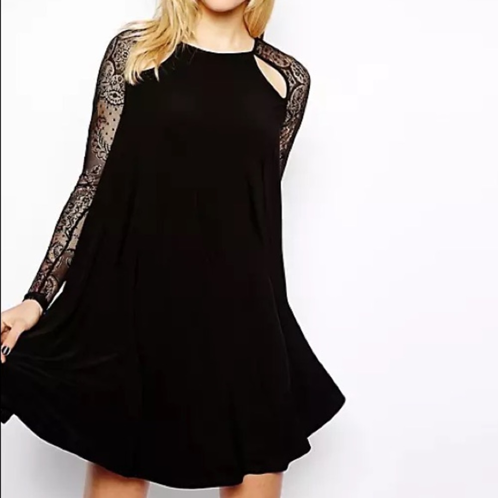 NWOT ASOS Black Lace Insert Swing Dress - Picture 3 of 9